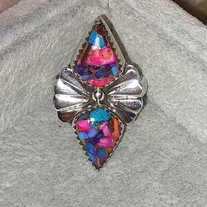 Brecciated Pink Dhalia Oyster Turquoise Solid Silver Statement Ring